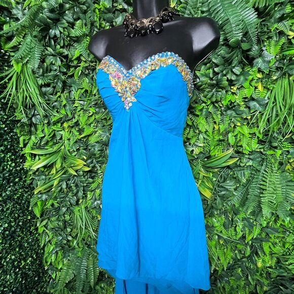 Bibian Dress Women Small Blue Formal Gown Hi Low Hem Beaded‎ Sequin Accent 1076 - Picture 3 of 4